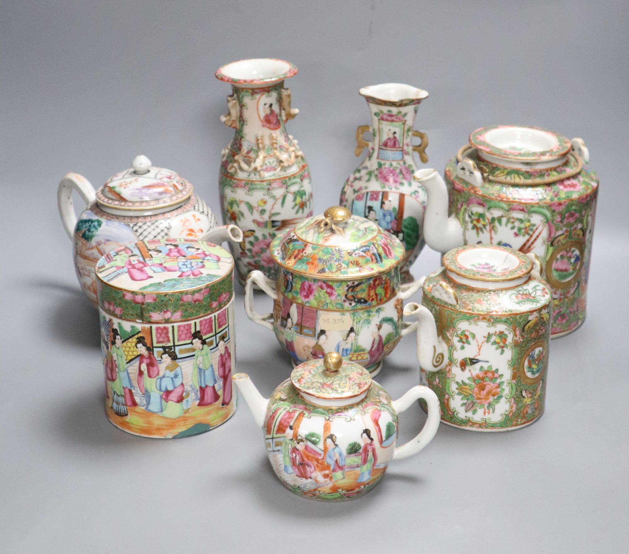 A group of Chinese famille rose tea wares and vases, 18th/19th century, tallest 20cm, (8), damage